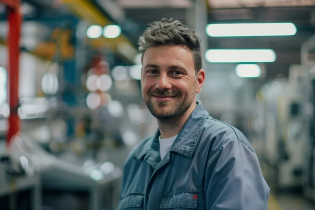 Ein Mann in Arbeitskleidung schaut in die Kamera