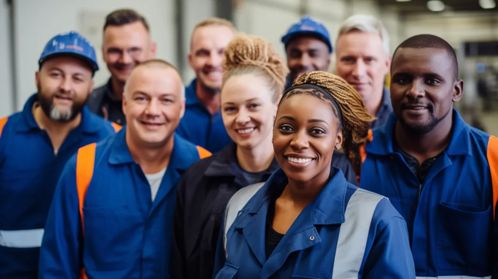 Eine Gruppe von Menschen in Arbeitskleidung